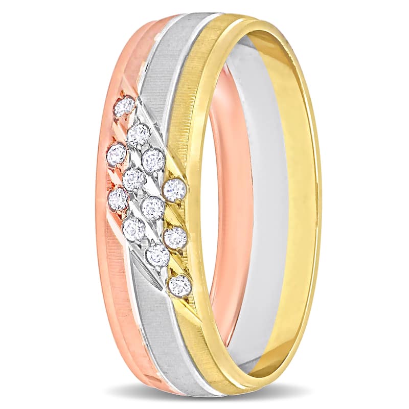 Miadora Mens 6 mm Cubic Zirconia Matte Three Row Wedding Band in 14k 3-Tone Gold