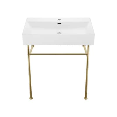Reims 30 Ceramic Console Sink White Basin Gold Legs - 29.5" x 16.55" 35.45"