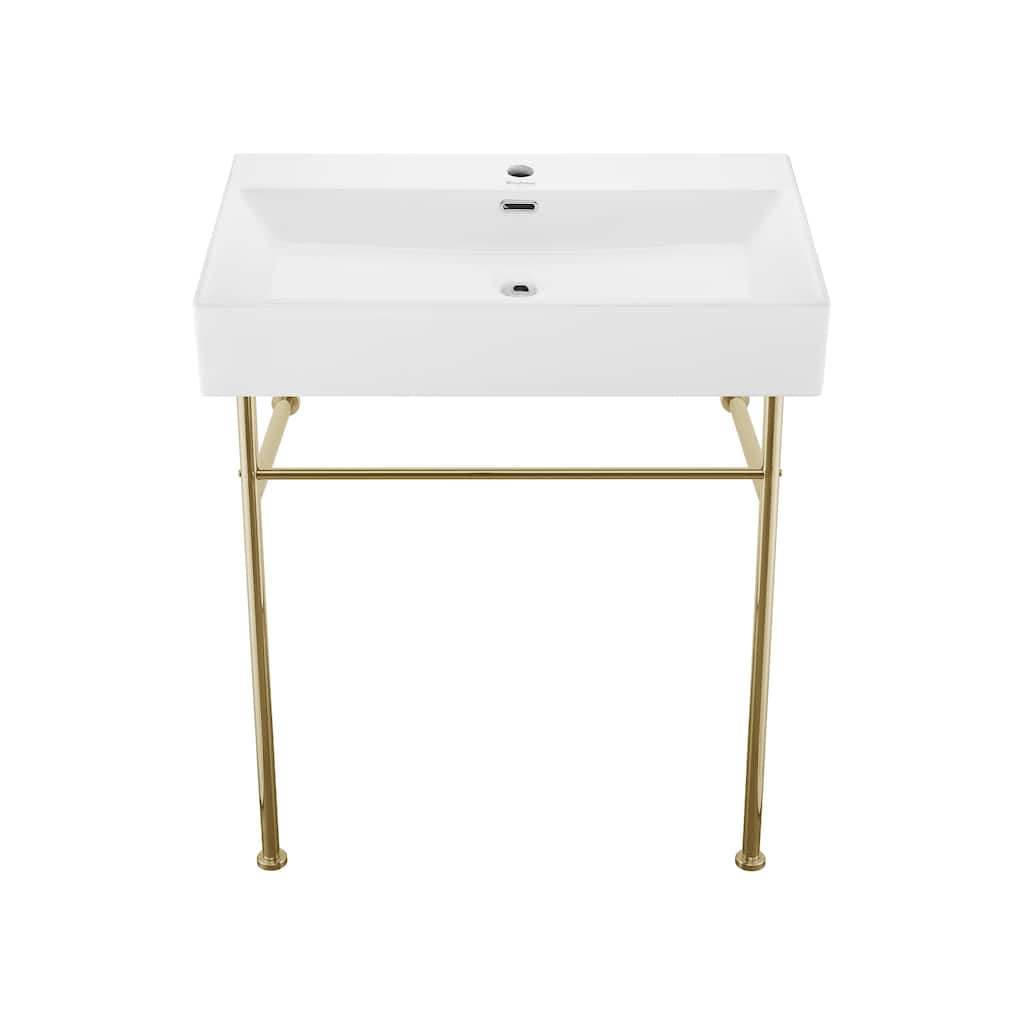 Reims 30 Ceramic Console Sink White Basin Gold Legs - 29.5" x 16.55" 35.45"