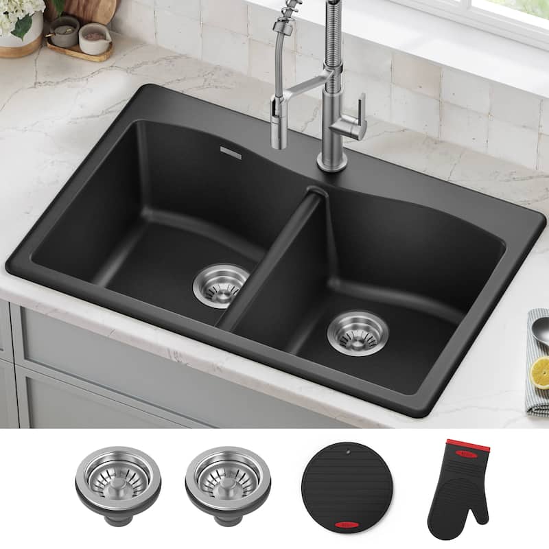 KRAUS Forteza Granite 33 inch 50/50 Undermount Drop-in Kitchen Sink - Black