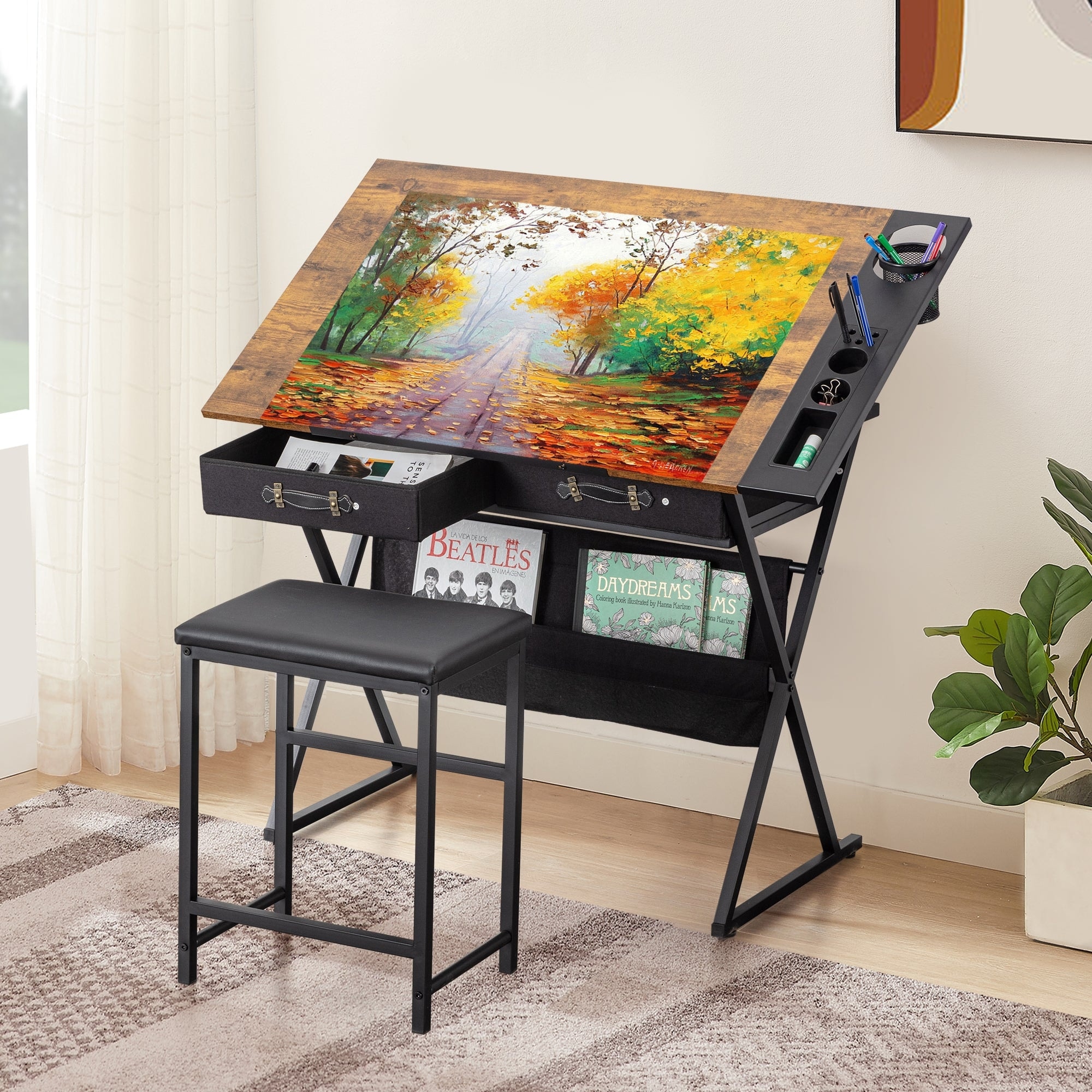 Javlergo Drafting Table Drawing Table Artist Desk Tilting Tabletop Art Craft Desk 2 Storage Drawers and Stool for Home Office
