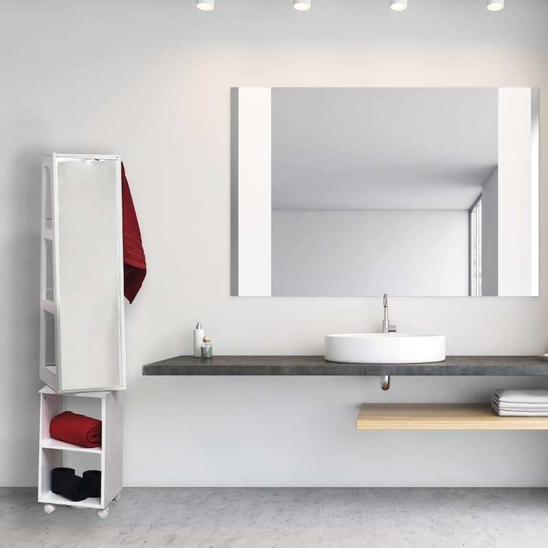 Rotating Bathroom Storage Cabinet with Mirror - 360° Swivel Tower Organizer with Rolling Base & Towel Hooks, White