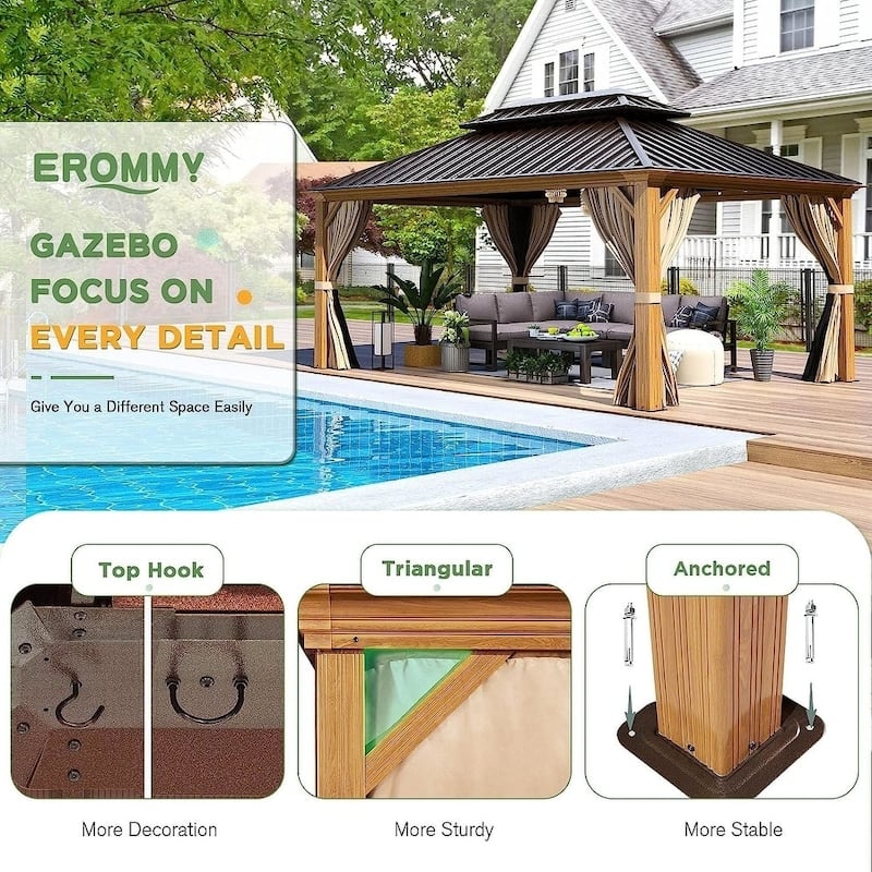 Erommy Hardtop Gazebo with Aluminum Frame and Double Roof, Permanent Outdoor Gazebo Includes Curtains&Netting for Patio Backyard