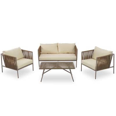 4-Piece Rope Sofa Set with Thick Cushions & Toughened Glass Table