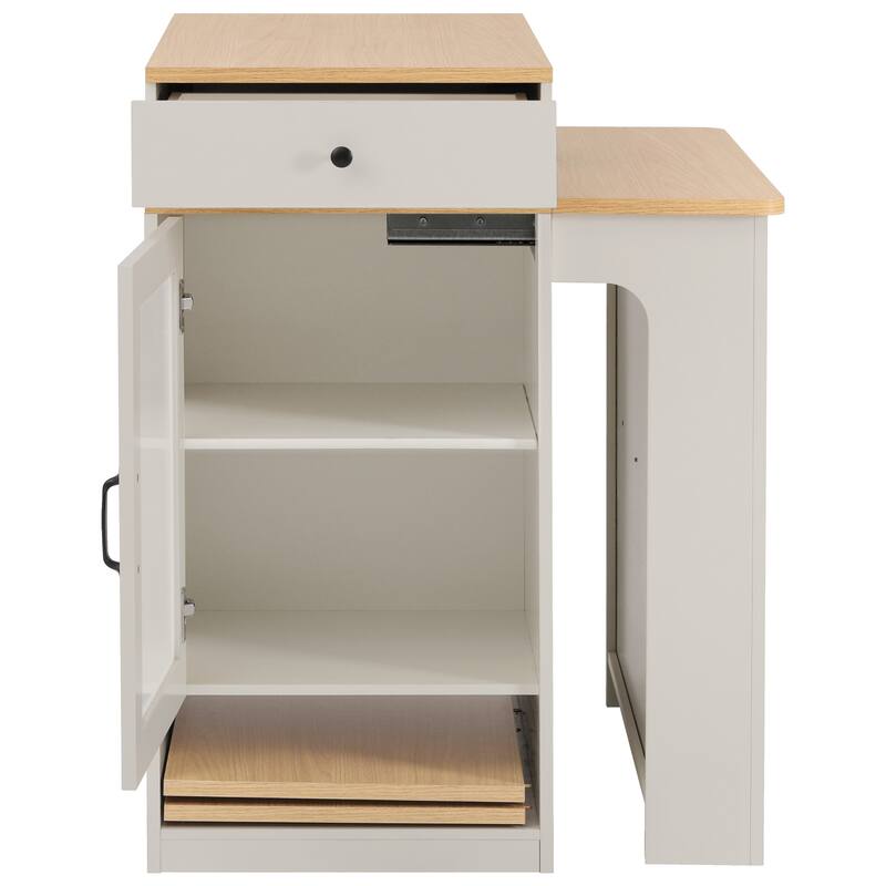 Kitchen Island with Extendable Dining Table, Kitchen Storage Table with 2 Drawers, Power Outlet, Open Shelves, for Diningroom