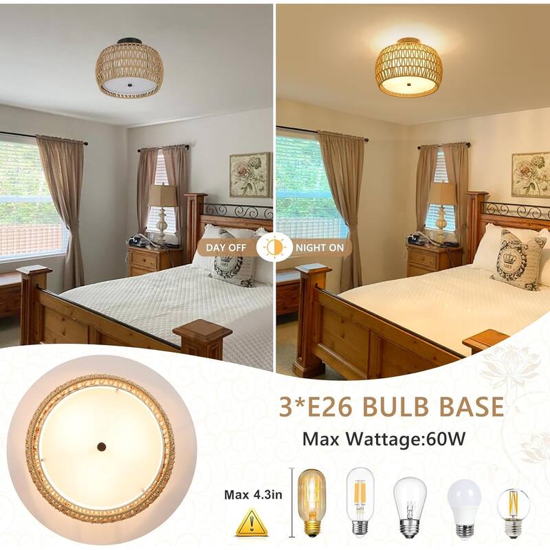 Light Fixtures Ceiling Mount, Rattan Semi Flush Mount Ceiling Light, Farmhouse Light Fixtures with Fabric Shades