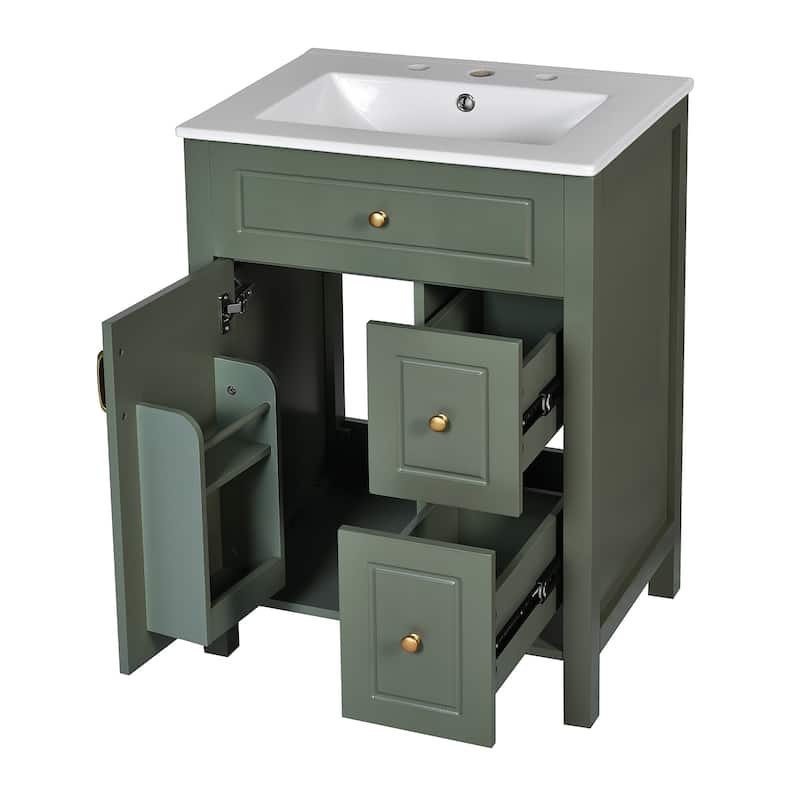 24-Inch Bathroom Vanity with Ceramic Sink, 1 Soft Close Door, 2 Soft Close Drawers, and Double Storage Racks on the Door
