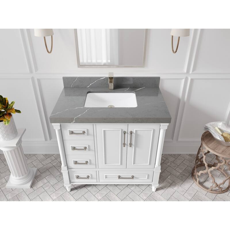 Willow Collections 36 in. W x 22 in. D Aberdeen Center Right Offset Sink Bathroom Vanity with Countertop - 2”Piatra Gray - White