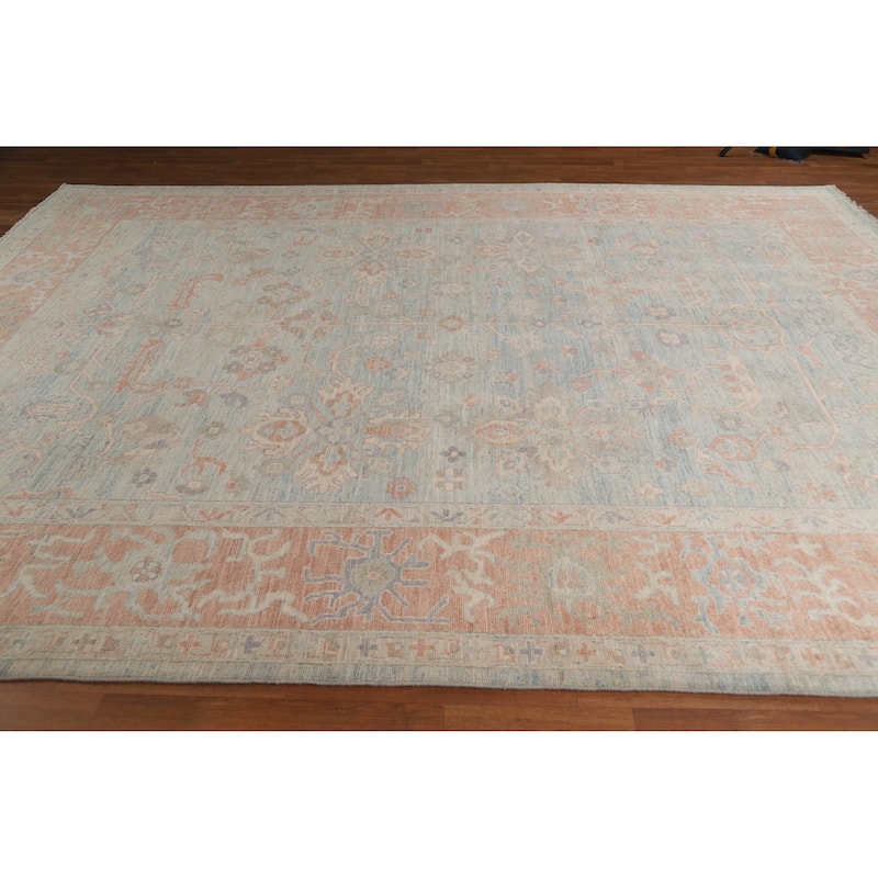 Hand Knotted Oriental 100% Wool Carpet Transitional All-Over Navy Blue & Blues Oushak Area Rug - 12' 2'' X 9' 0''