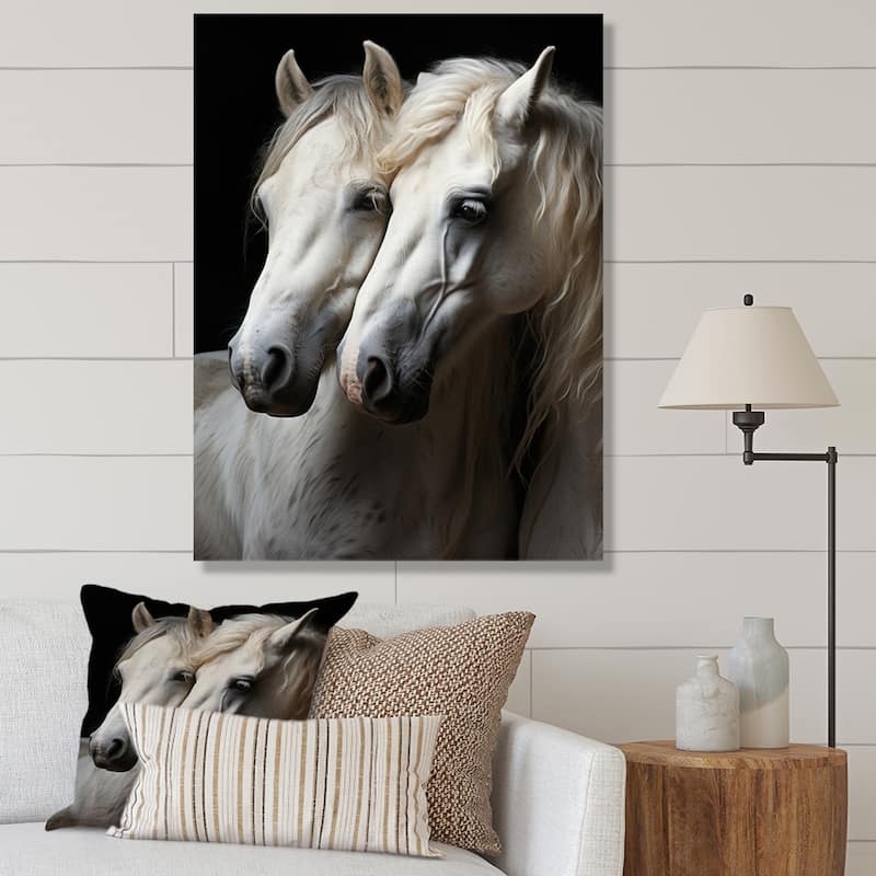 Designart "White Horse Whispering Whinnies" Animals Horse Canvas Print