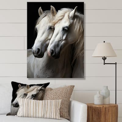 Designart "White Horse Whispering Whinnies" Animals Horse Canvas Print