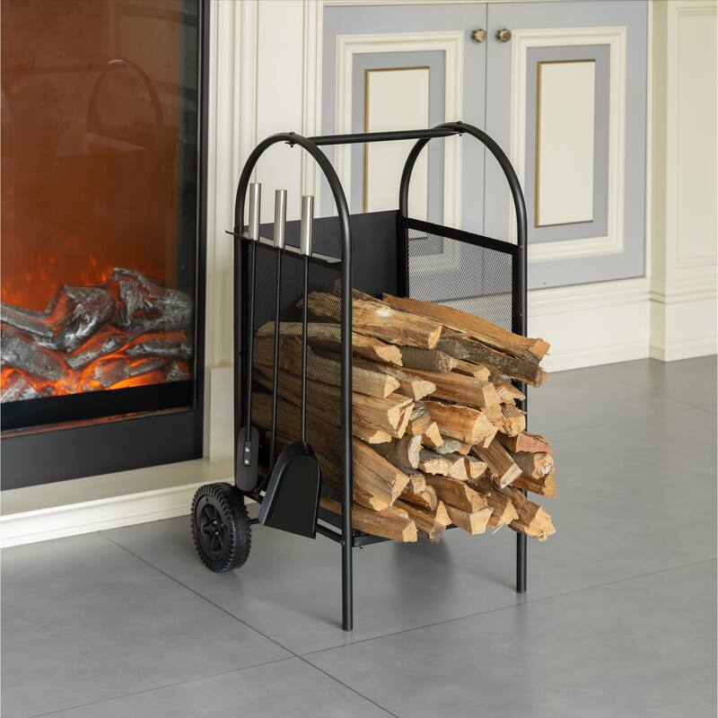 Indoor and Outdoor Patio Iron Firewood Log Cart with Wheels and Fireplace Tool Set, Black