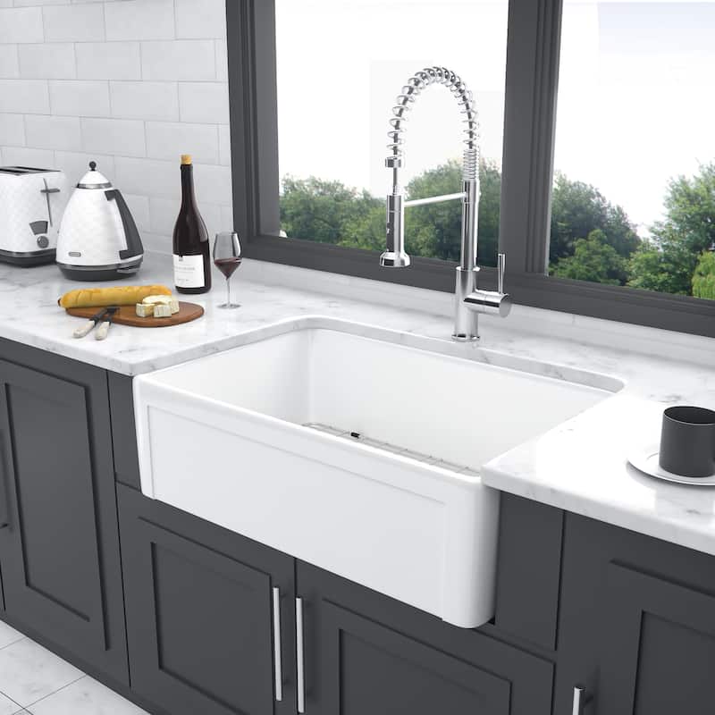30'' White Farmhouse Single Bowl Ceramic Kitchen Sink - 30'' x 20'' x 10''