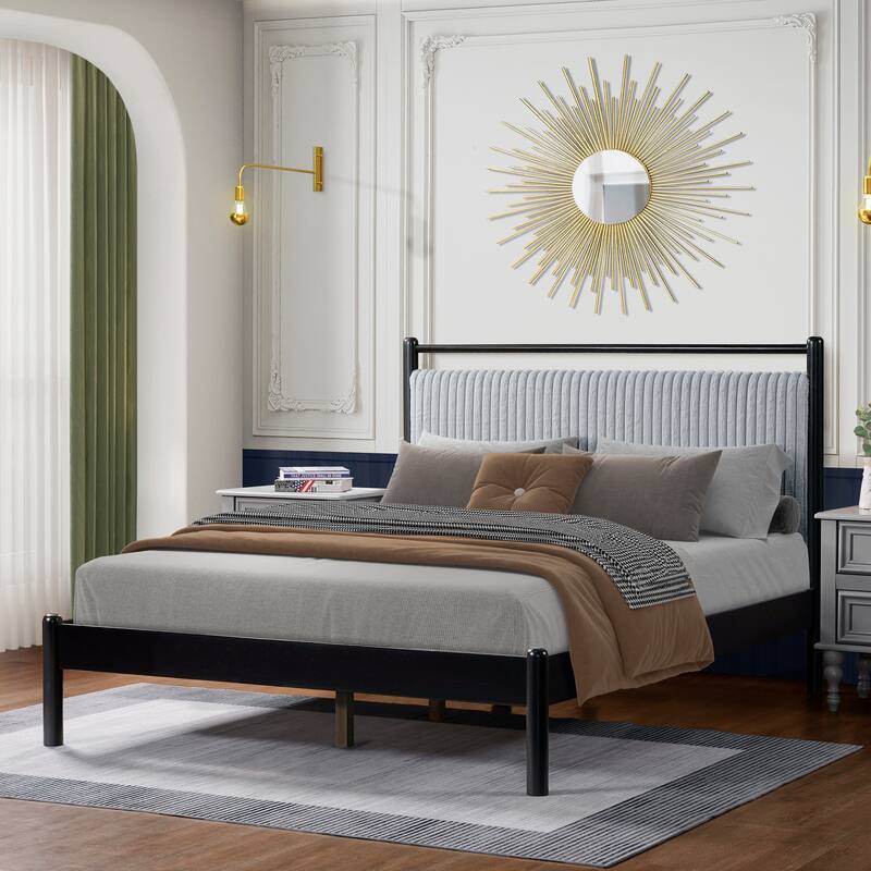 Classic Wooden Platform Bed Frame with Light Grey Fluffy Headboard