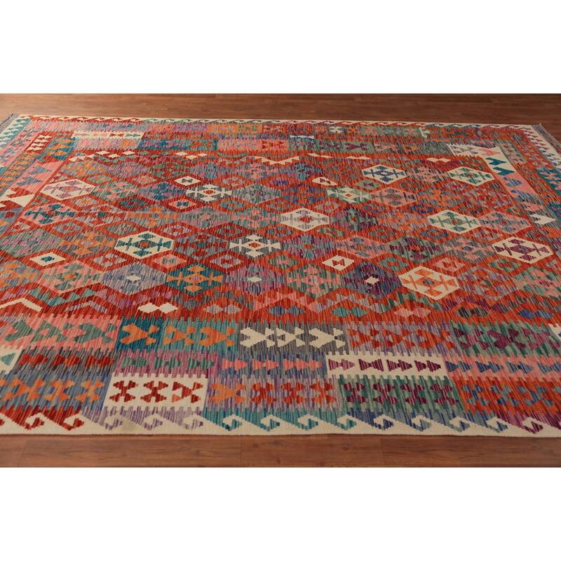 Geometric Kilim Reversible Area Rug Hand-Woven Wool Carpet - 8'1"x 11'2"