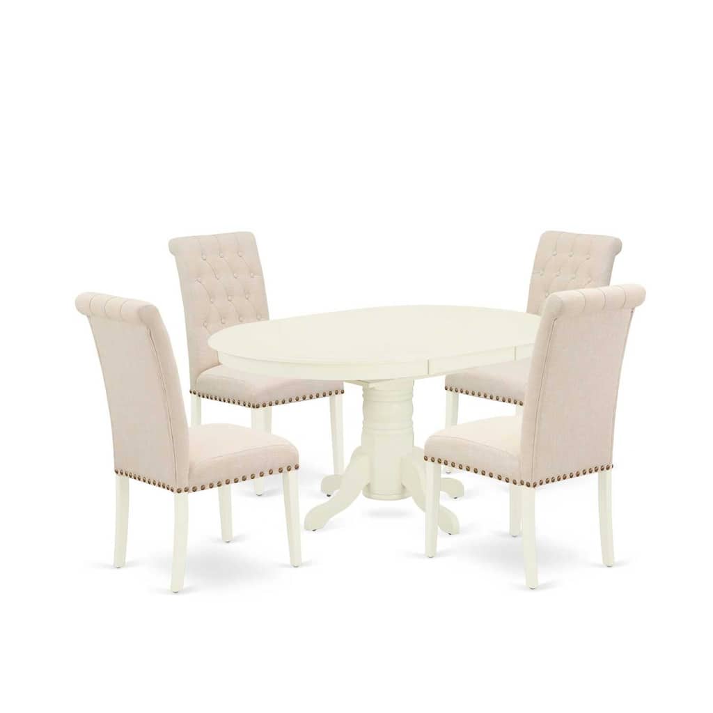 HomeStock 5-Piece Oval Linen White Finish Solid Wood Top Dining Table with 4 Parson Chair with Butterfly Leaf Lattice Back