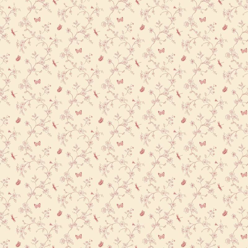 Galerie Wallcoverings Miniatures 3 Tiny Trellis Flowers With Butterflies and Dragonflies Vinyl on Non-woven Matte Wallpaper Roll - 33 feet x 21 inches - Red