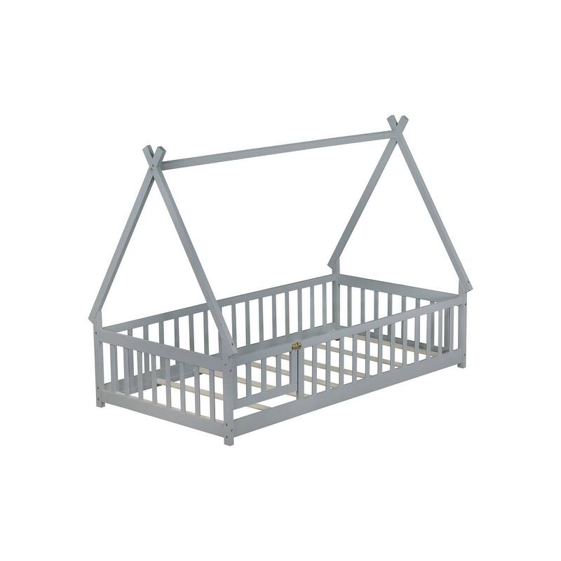 Twin Size Tent-shaped Floor Bed with Guardrails,Slats and Door