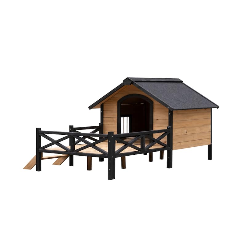 Outdoor Wooden Elevated Dog House Pet House with Porch, Metal Frame, Waterproof, Suitable for Medium and Large Dogs