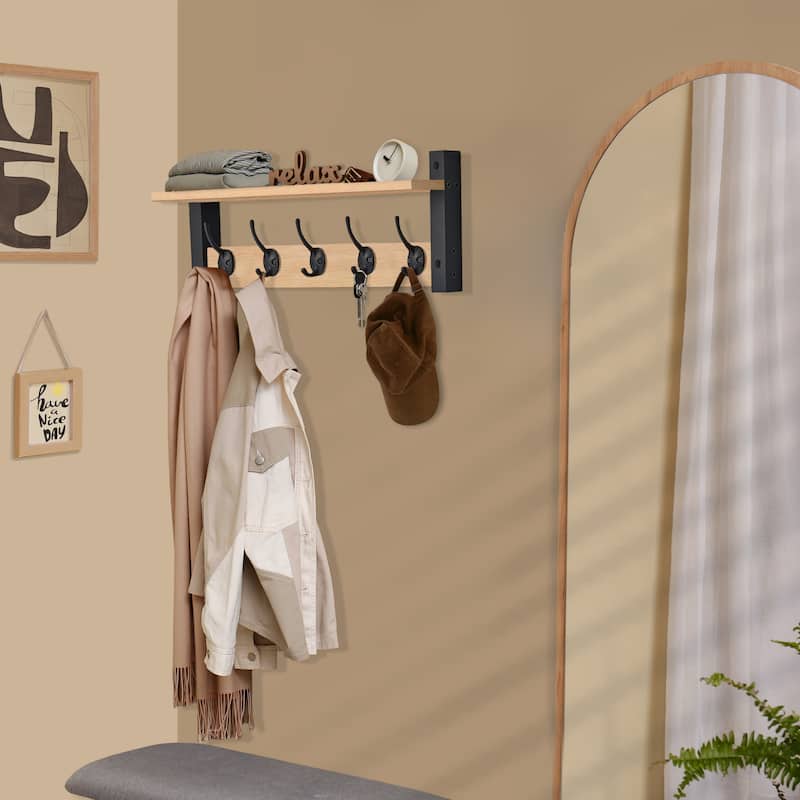 Sorbus Coat Hooks Wall Mount Floating Shelf with 5 Heavy Duty Hooks, Large and Extra Large