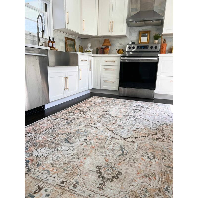 Hauteloom Fatih Living Room, Bedroom Machine Washable Area Rug - Beige, Charcoal, Gray - 2' x 2'11"