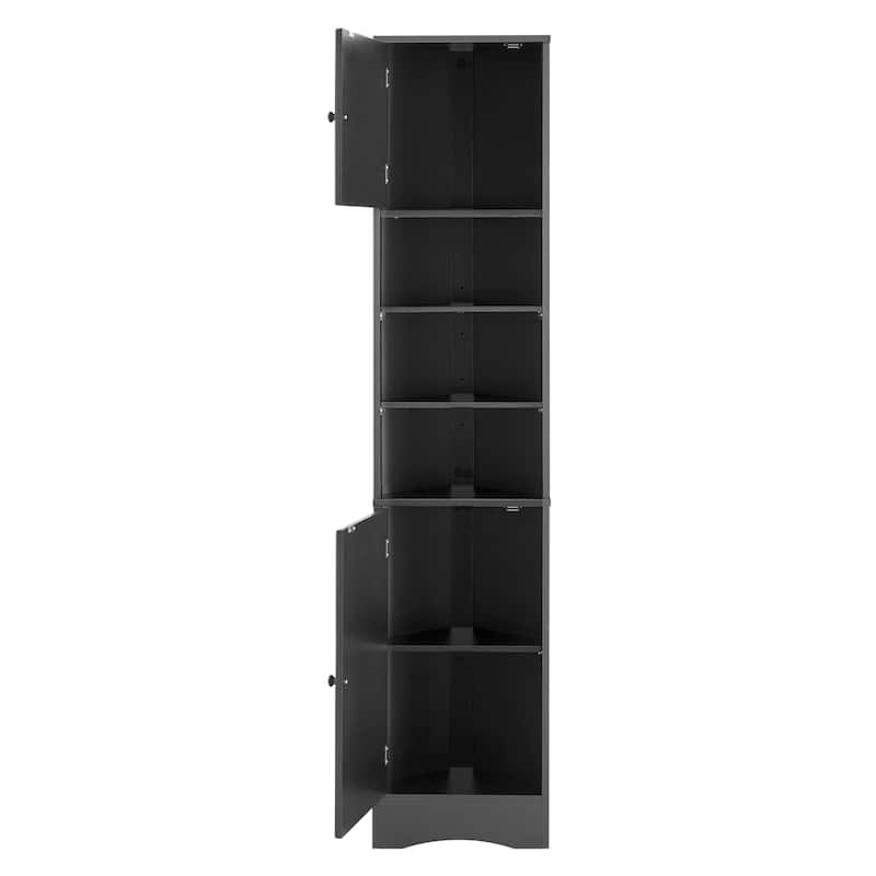 Triangle-shaped Designed Tall Corner Cabinet for Bathroom with 2 Doors, Open Shelf and Adjustable Shelves - Anti-tipping Device