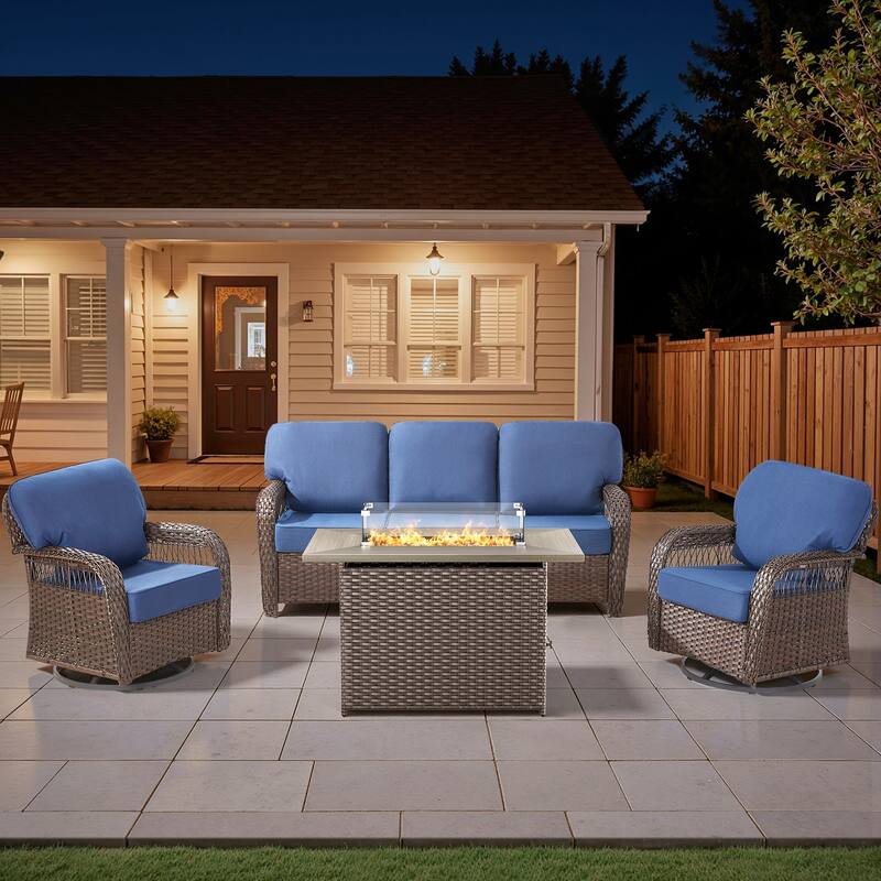 Pocassy Patio Sofa Ottoman Swivel Chair Table with Fire Table Funiture Set. - Brown Wicker Blue Cushion - 4-Piece Sofa Swivel Chair w/ Fie Pit Table