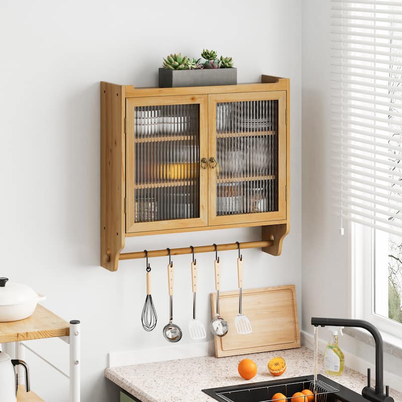 24.8" Glass Door Vintage Double Door Wall Cabinet with 3 Tiers of Storage with Towel Rack - Natural