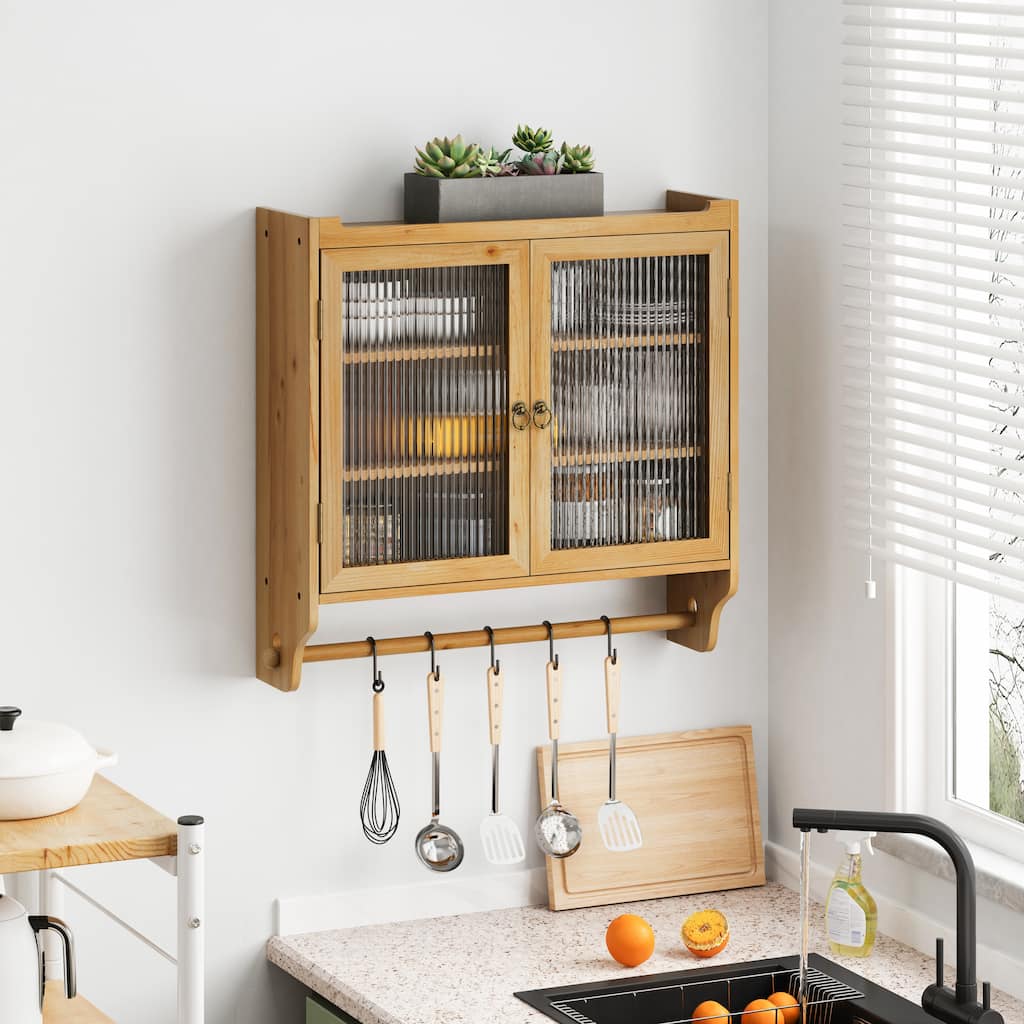 Roomfitters 24.8" Vintage Glass Door Wall Cabinet with Double Doors, Three-Tier Storage, and Towel Rack