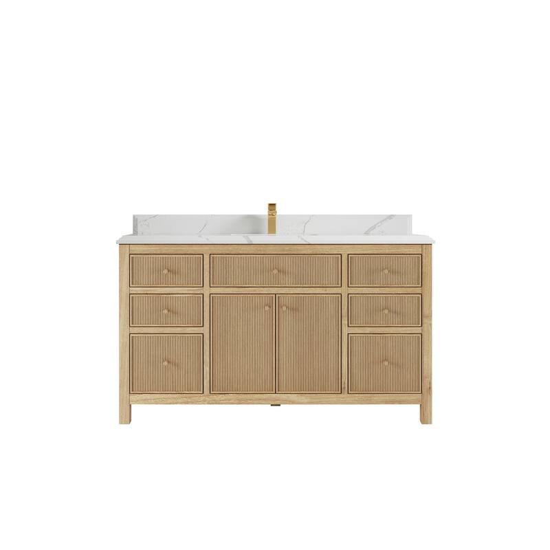 Willow Collections 60 in. W x 22 in. D Sonoma Teak Wood Single Sink Bathroom Vanity with Countertop - 1.5" Calacatta Laza - Light Natural