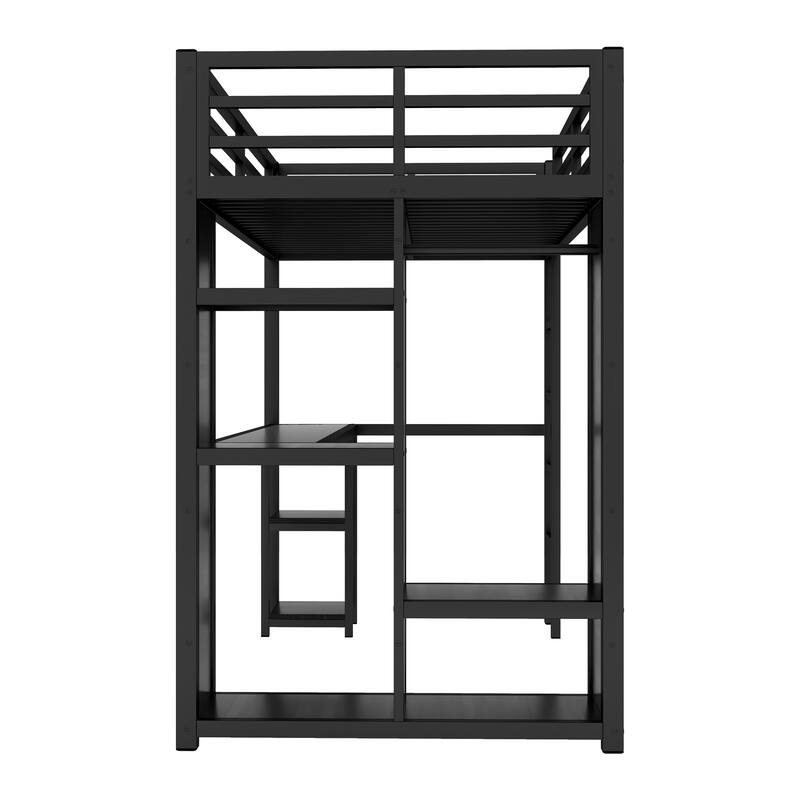 Roomfitters Twin/Full Metal Loft Bed Frame with Built-in Wardrobe, Desk & Storage Shelves, Space-Saving Design, Black