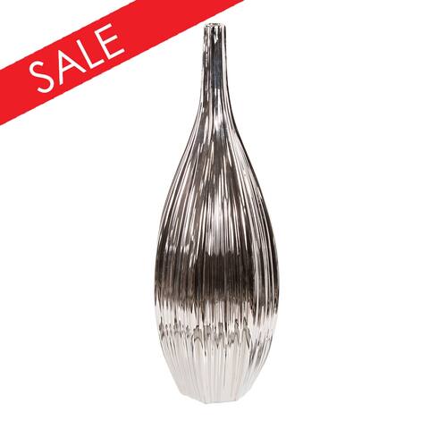 Metallic Silver Ribbed Ceramic Bottle Vase, Tall - 17H x 5W x 5D