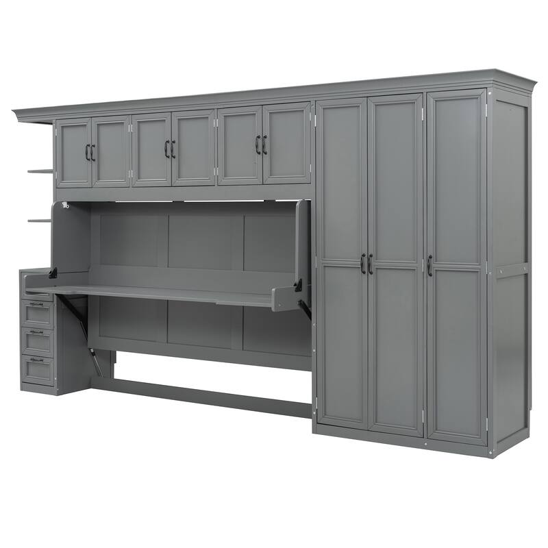 Twin Size Murphy Bed with Wardrobe, Cabinet, and Desk in Gray