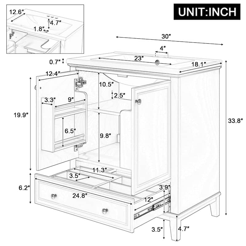 30" Bathroom Vanity Cabinet with Ceramic Sink Combo, Black - 30 Inch