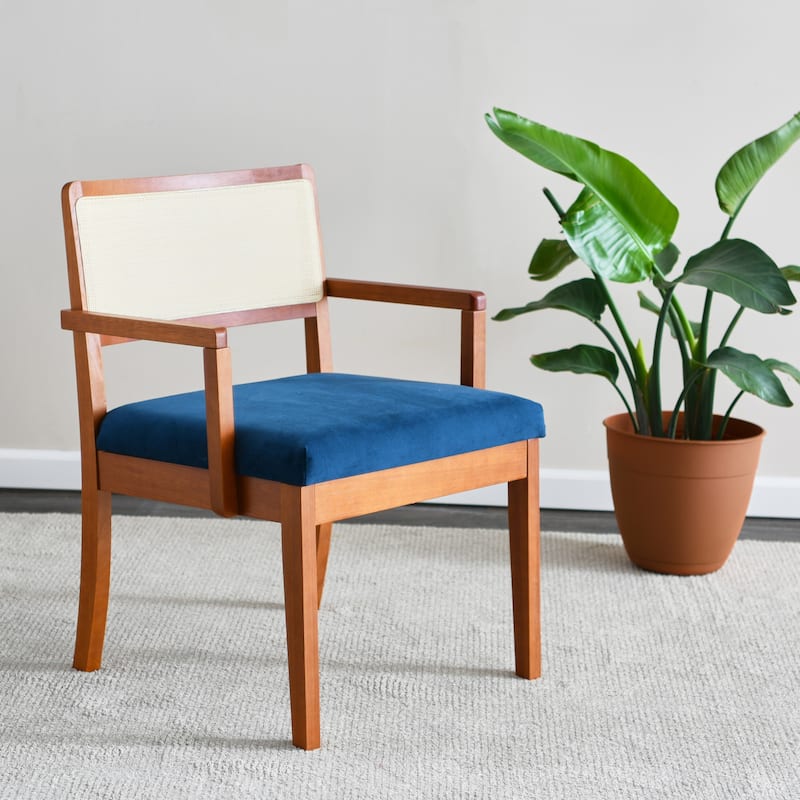 Solid Wood Arm Chair with Woven Cane Back and Velvet Upholstered Seat