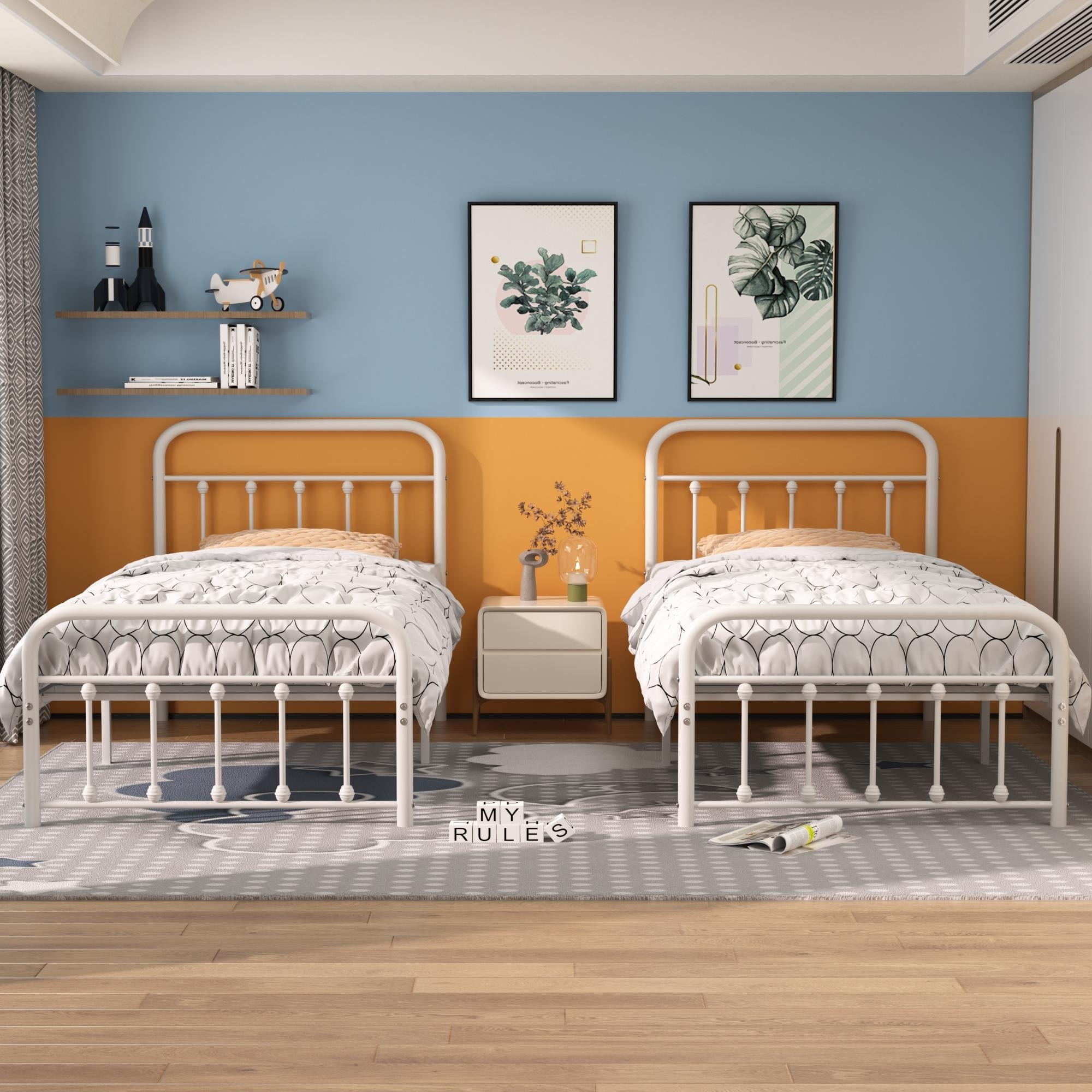 VECELO set of 2 Twin Size Metal Bed Frame for Kids Heavy-Duty Platform Bed with Headboard & Footboard No Box Spring Needed