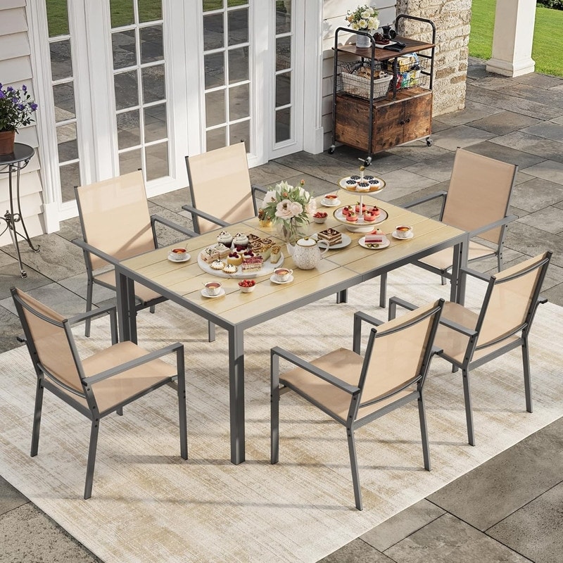 Patio Table and Chairs Set for 6, Outdoor Dining Set with Side Umbrella Hole and 6 Textilene Fabric Patio Chairs