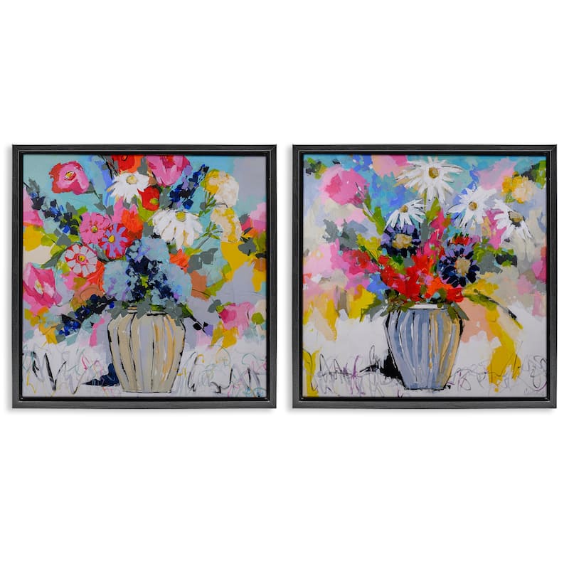 Stupell Vibrant Flower Vase Collection Framed Floater Canvas Wall Art Design By Joan Curtis (Set of 2) - 25 x 25 - Black