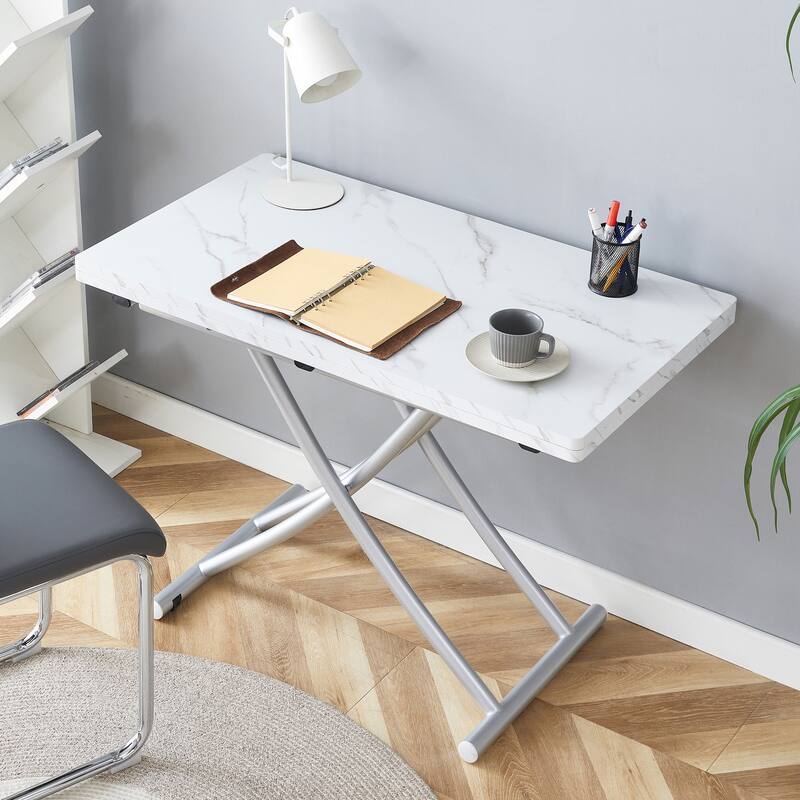Roomfitters Lift Top Table with 0.8" MDF Surface and Silver Metal Legs, Modern Desk for Dining or Work Use, White+Silver