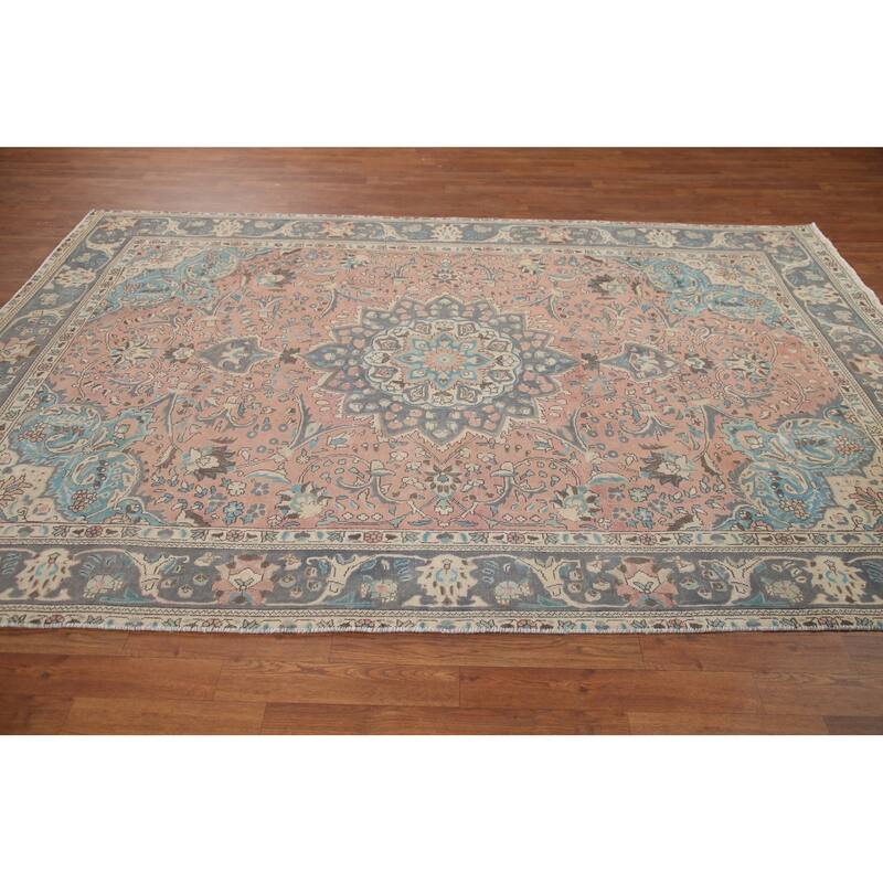 Hand Knotted Oriental 100% Wool Carpet Traditional Floral Pink Tabriz Area Rug - 9' 5'' X 6' 4''