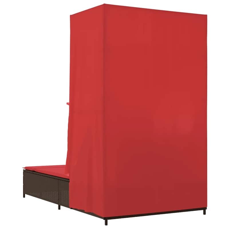 vidaXL Double Sun Lounger with Roof and Curtains Poly Rattan Brown/Gray/Black - 40.9" x 77.6" x 76"