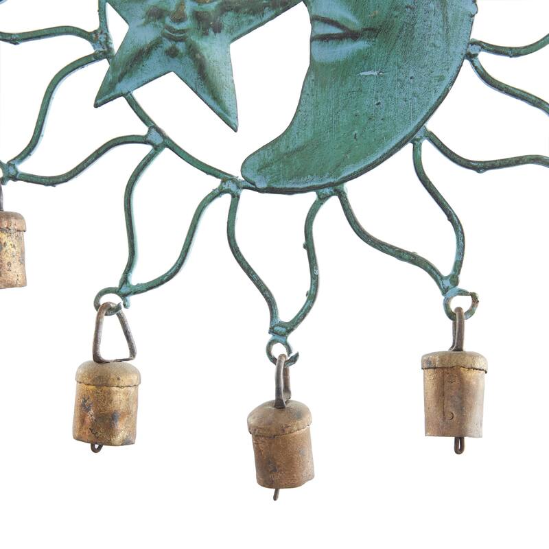 Metal Sun and Moon Windchime with Bells - Teal - Roche River Decor