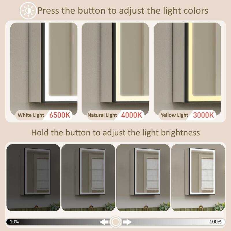 Grand Aluminum Medicine Cabinet with Mirror, Adjustable Shelves, Dimmable Light, Anti-Fog, Recessed or Wall Mount