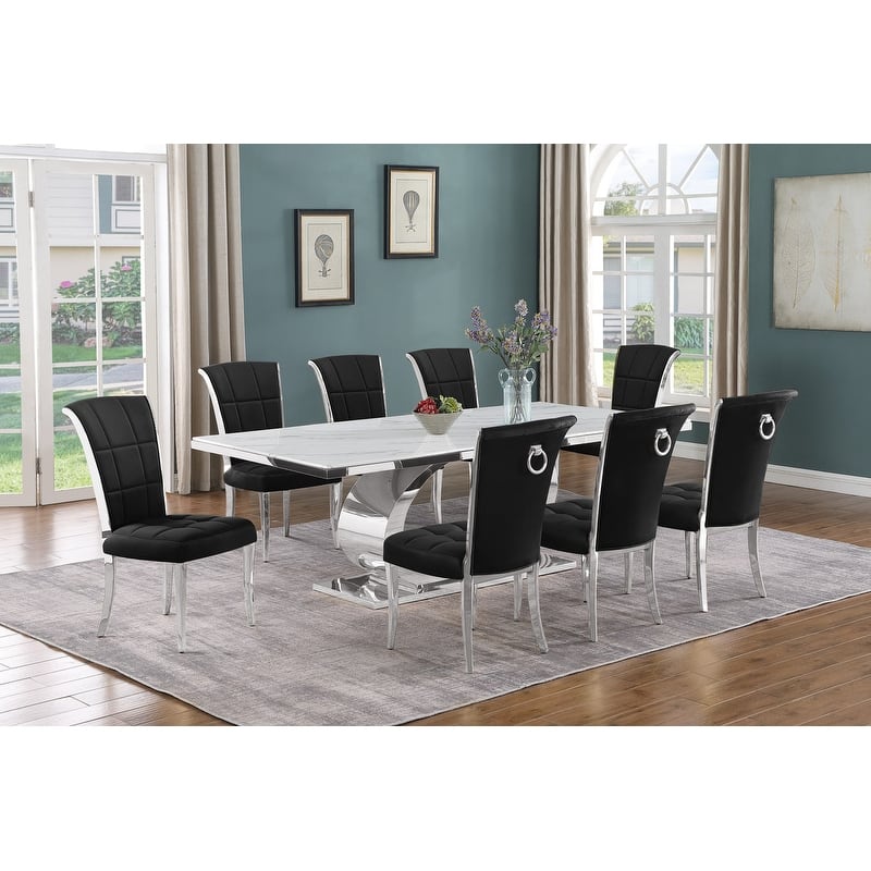 Best Quality Furniture D432/3-SC320-7 Dining Set with 87" White Marble Top - Black / Silver - 9-Piece