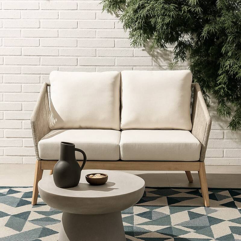 Dexi 51 Inch Patio Sofa, Fade Resistant Cushions, Rich Brown Acacia Wood