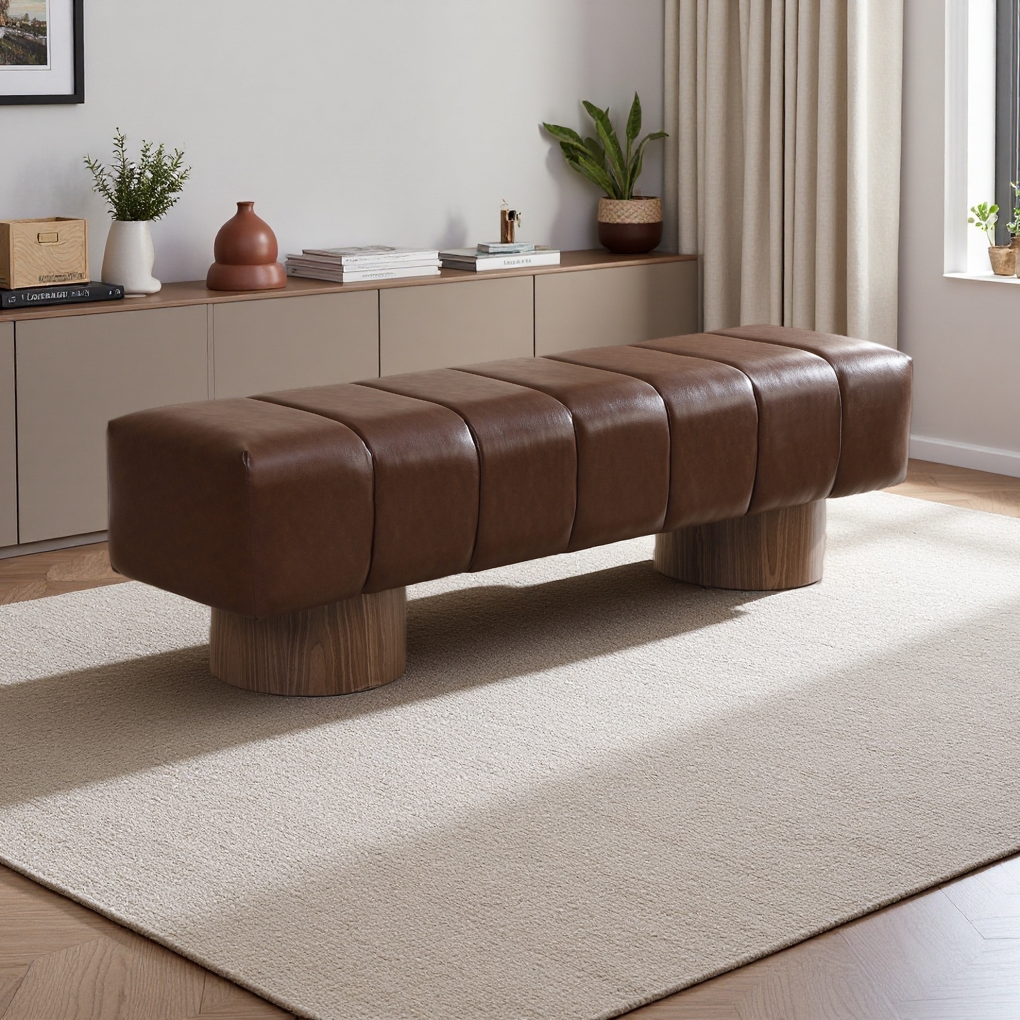 64"L Fabric Upholstered Bench with Wood Legs, No Assembly Needed, Multi-Functional Dining/Entryway/Bedroom Ottoman