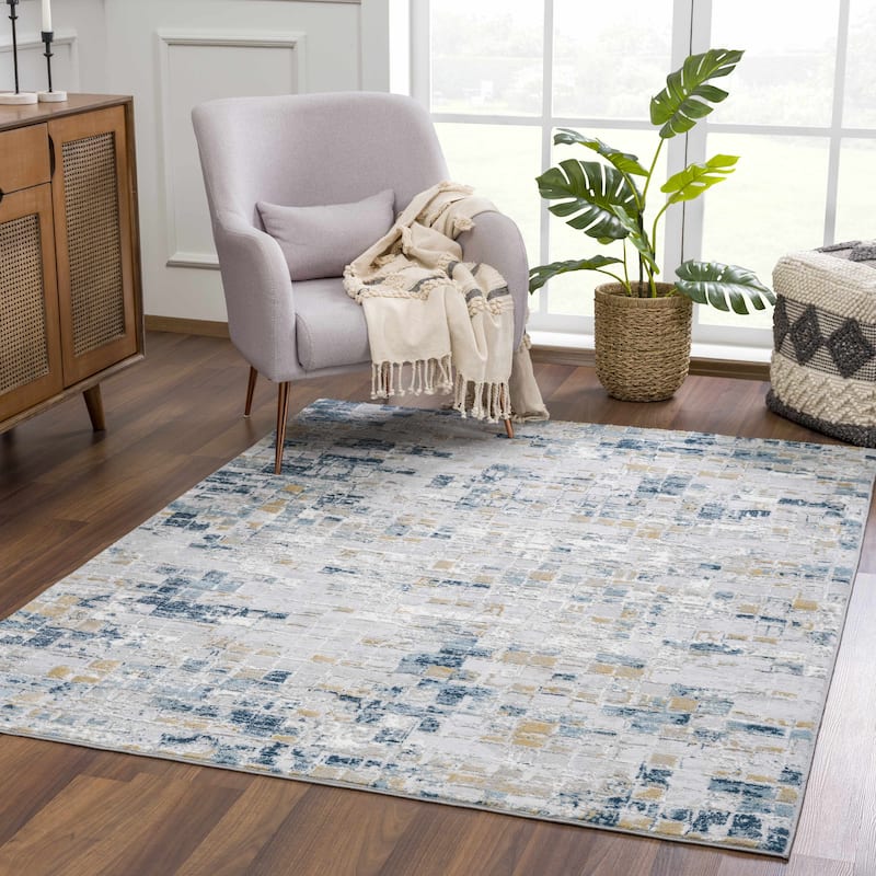Hauteloom Liverpool Collection Modern Abstract Contemporary Square Tile Area Rug - 7'10" x 10' - Blue, Grey, Brown