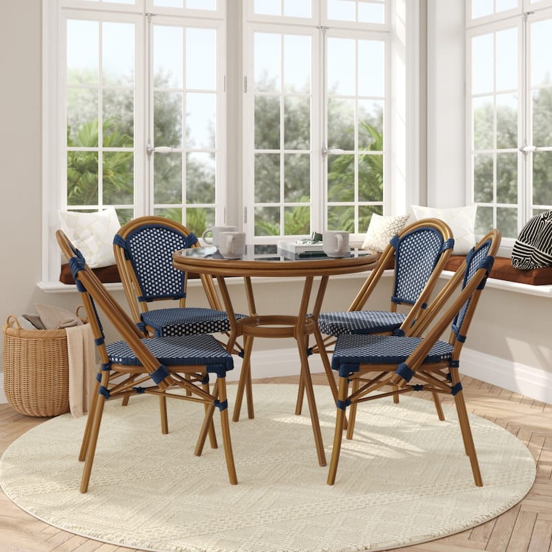 Indoor/Outdoor Commercial Bistro Set with Table and Four Chairs - Navy & White Rattan/Natural Frame