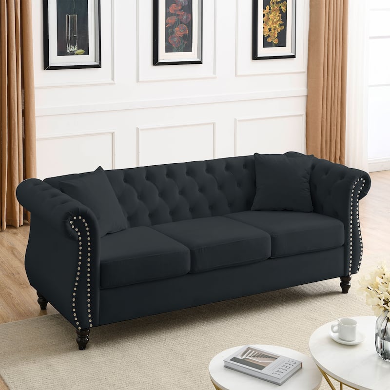 Anmytek 80 Inch Chesterfield Sofa Black Velvet Tufted 3 Seater Couch with Rolled Arms and Nailhead Trim and Two Pillows