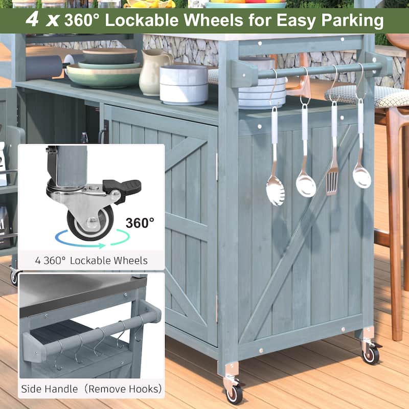 53.3" Outdoor Kitchen Island with Stainless Steel Top, Raised Shelf Solid Wood Storage Cabinet Outdoor Rolling Grill Cart